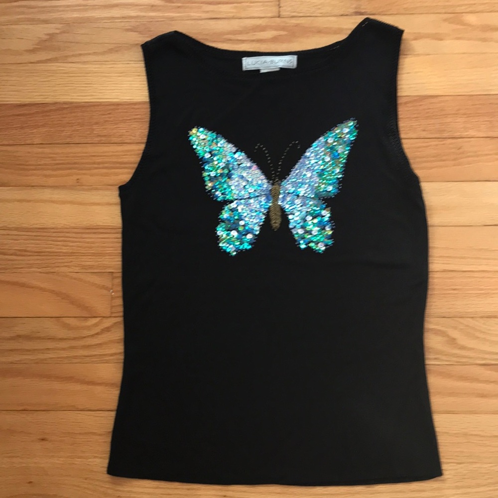 Black butterfly sequined tank top